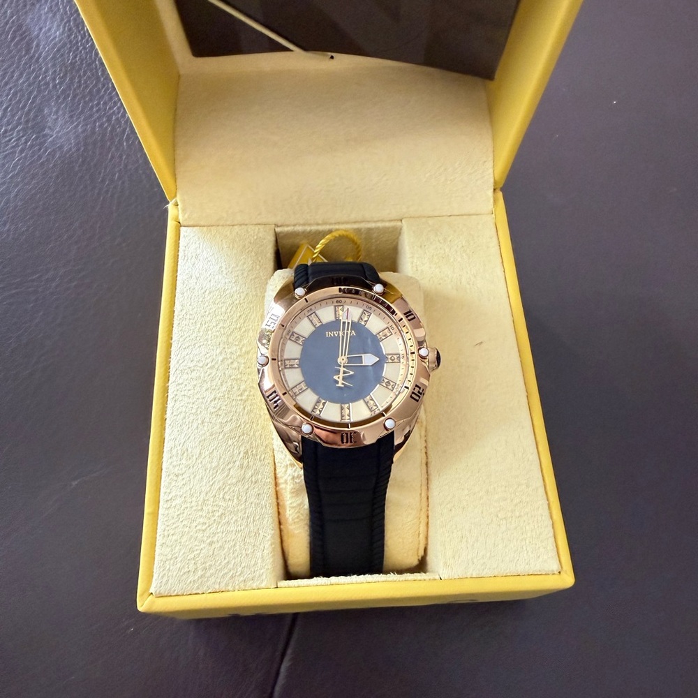 Invicta Gold-Tone Bezel Black Strap Women's Watch